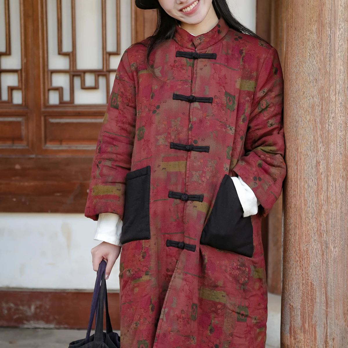 LZJN Winter Color Blocking Ethnic Style Outerwear New Chinese Style Retro Cotton And Linen Printed Nostalgic Cotton Padded Coat