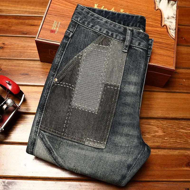 Men's motorcycle jeans stitching patch fashion street fashion retro high-end stretch personality slim fit skinny pants