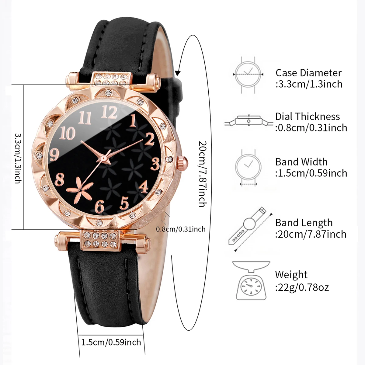 6PCS/Set Fashion Flower Dial Women Quartz  Watch Leather Band Wristwatch Jewelry Set（Without Box）