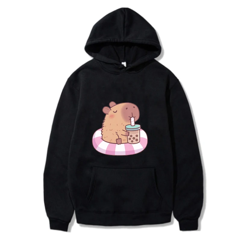 

Cute Graphic Capybara Relax Drinking Bubble Tea Hoodie Long Sleeve Daily Pullover Vintage Streetwear Women/Men Winter Clothes