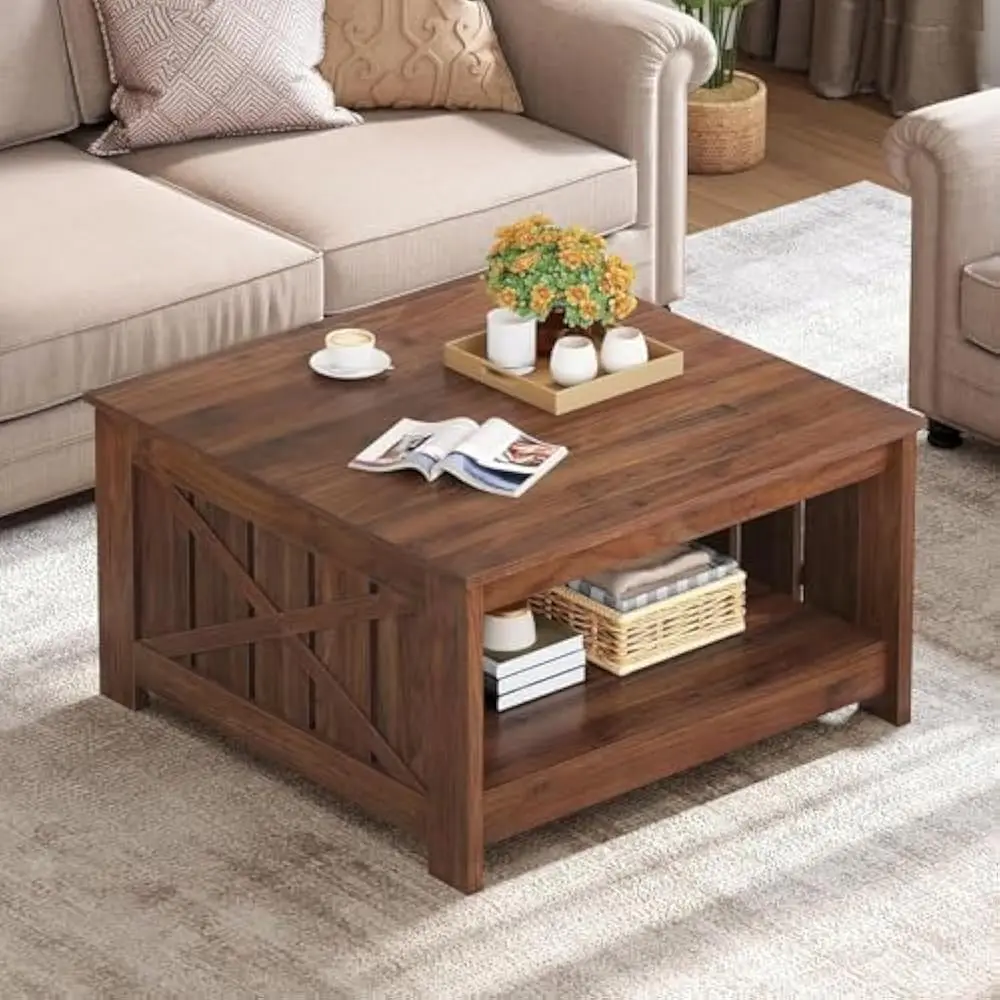 

Coffee Table Farmhouse Coffee Table with Storage Rustic Table,Square Coffee Tables for Living Meeting Room with Half Open Storag