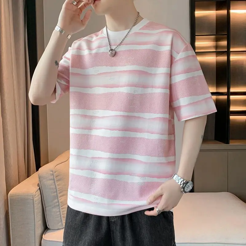 Men's Striped Casual Short Sleeve T-Shirt Breathable Daily Wear Round Neck Knit Top