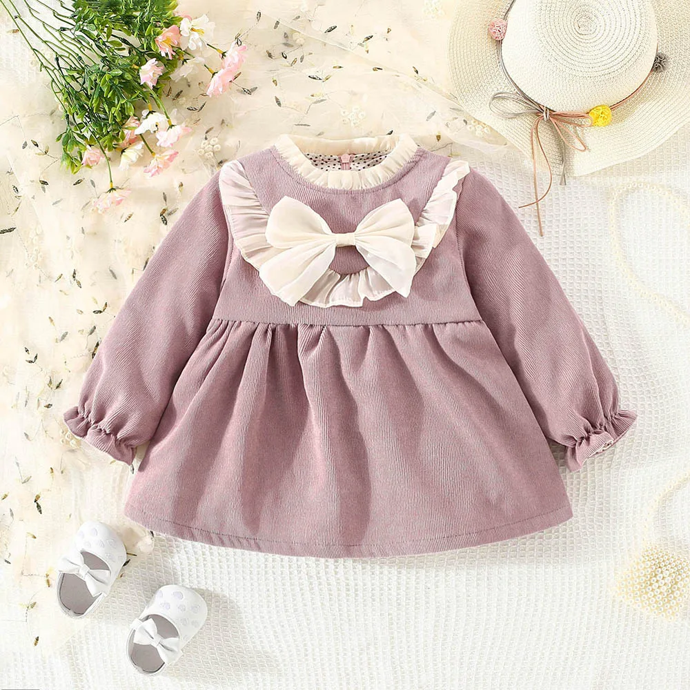 Fall New Baby Girls Dress Bow Mesh Pleated Bow Trumpet Sleeve Lace Pleated Sweet Princess Dress Birthday Party Team Dress