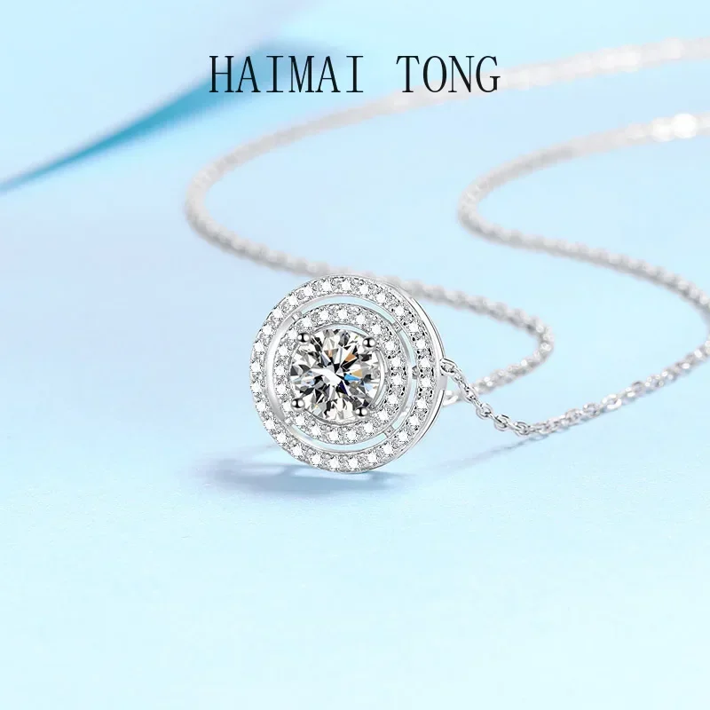 Sparkly Platinum PT950 Wedding Jewelry GRA Certified 0.5/1/2ct Moissanite Necklace for Female Double Halo Classic Round Pendant