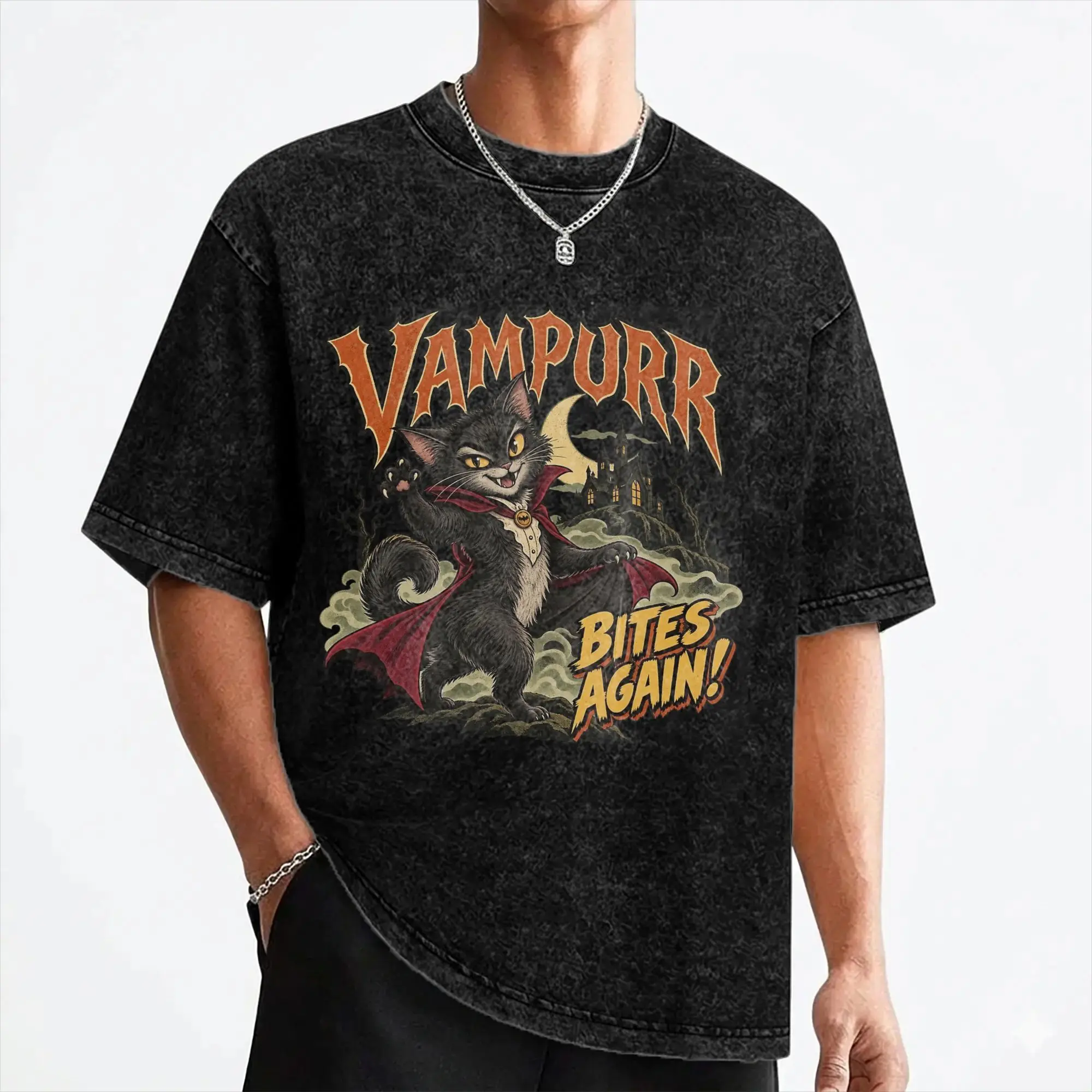 Vampurr Bites Again Halloween Vampire Cat Washed T Shirts Streetwear T-Shirt Tees for Men Women Cotton Harajuku Graphic Printed