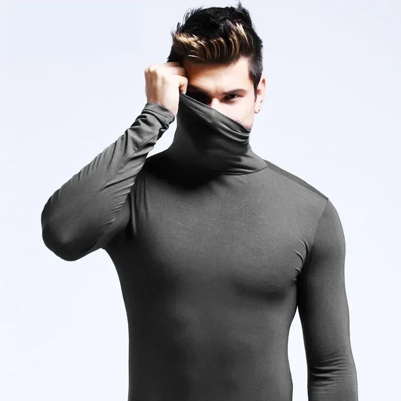 Frühling Neue männer Rollkragen T-shirt Langarm Slim Fit Einfarbig Hohe Elastische Bodenbildung Pullover Grundlegende Stil Männliche Tops