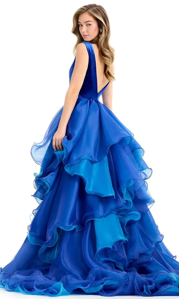Abiti da sera lunghi a sirena personalizzati Abiti da ballo da donna per feste formali con scollo a V in organza di velluto a strati blu royal