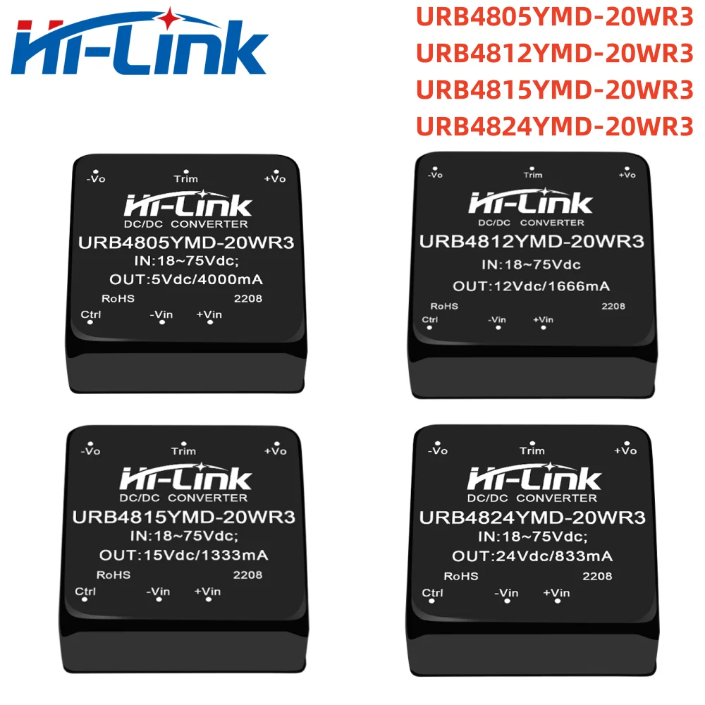 Hi-Link DC-DC 48V to 5V 12V 15V 24V Step Down  Converter Mini Isolated Power Supply Module URB4805YMD-20WR3 URB4812YMD-20WR3