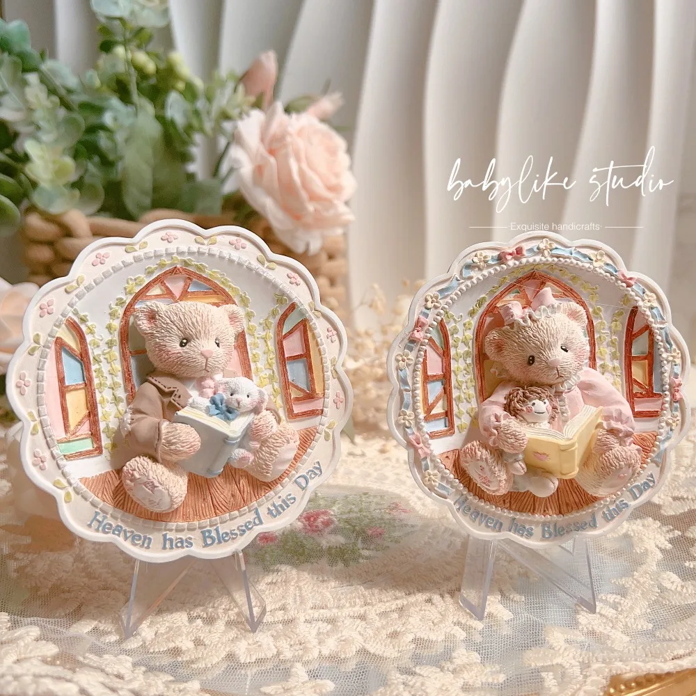 Gentle Couple Bear Relief Plate Aromatherapy Plaster DIY Coloring White Blank Model Painting By Yourself Sculpture Figurines