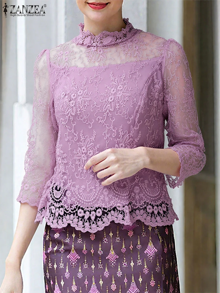 ZANZEA المرأة الخريف تفريغ الدانتيل بلوزة بلايز خمر الأزهار Blusas 3/4 كم س الرقبة الستر 2025 بلوزة شفافة غير رسمية #3