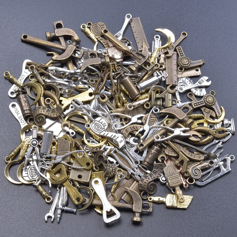 DIY Craft Bulk Wholesale Random Mix Antique Bronze Silver Color Tools Series Alloy Pendant Charms For Jewelry Making Materials