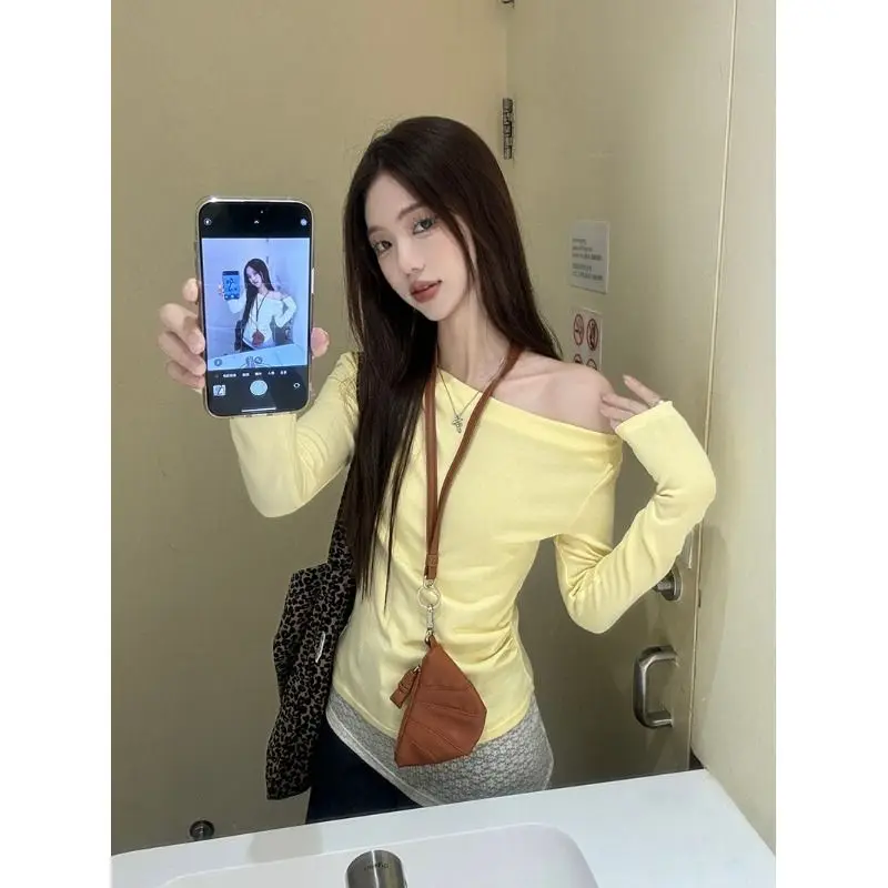 Yellow Sexy Lace Splice Long Sleeve T-Shirt Women's Shoulder Bared Patchwork Casual Style Slim Fit Daily Wear Chinese Made