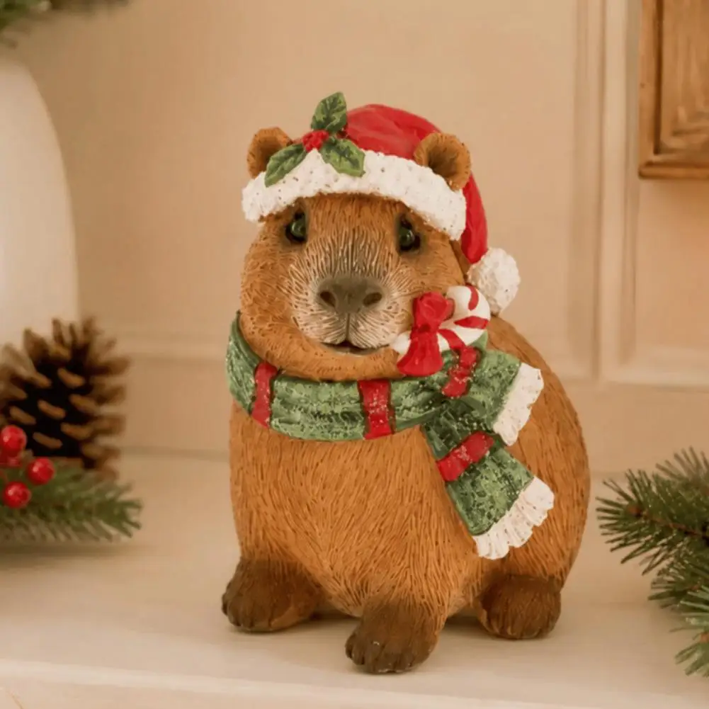 Cute Resin Ornament Healing Capybara Gift Christmas Capybara Figurine with Hat Scarf Resin Sculpture Cute Holiday for Home