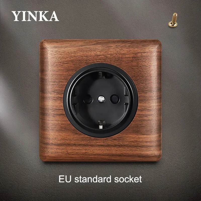 

YINKA Wood Brass Toggle Light Switch Panel Home Retro LED Indicator EU FR UK TV TEL Electrical Sockets Vintage Sockets 86mm*86mm