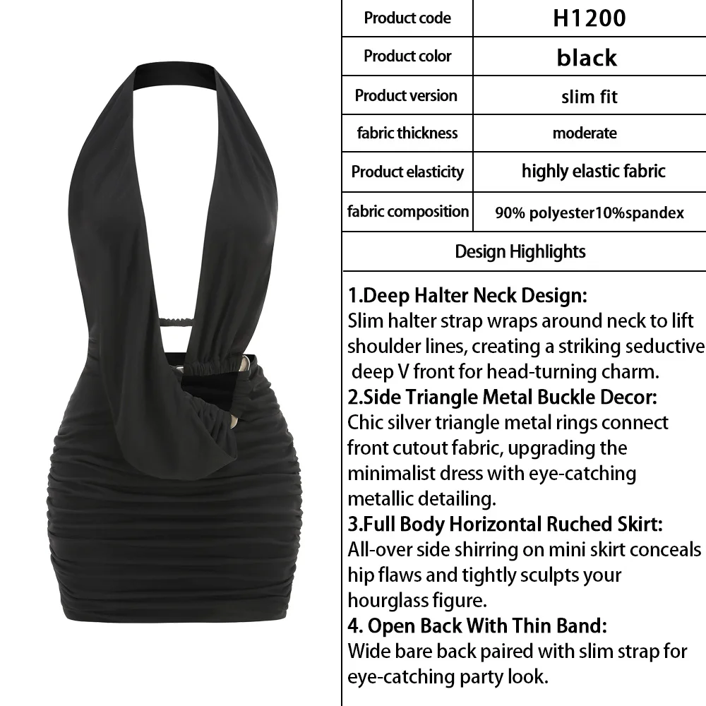 Deep Halter V Neck Mini Dress Sexy Open Back Thin Band Strap Bodycon Evening Dress Triangle Metal Buckle Ruched Wrap Short Dress