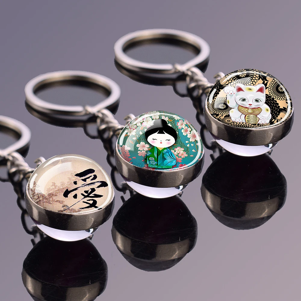 Dois Lados Pingente De Bola De Vidro Chaveiro, Amor Paz Kanji, Boneca Kokeshi, Flor De Cereja, Chaveiro Lucky Cat, Jóias Japonesas