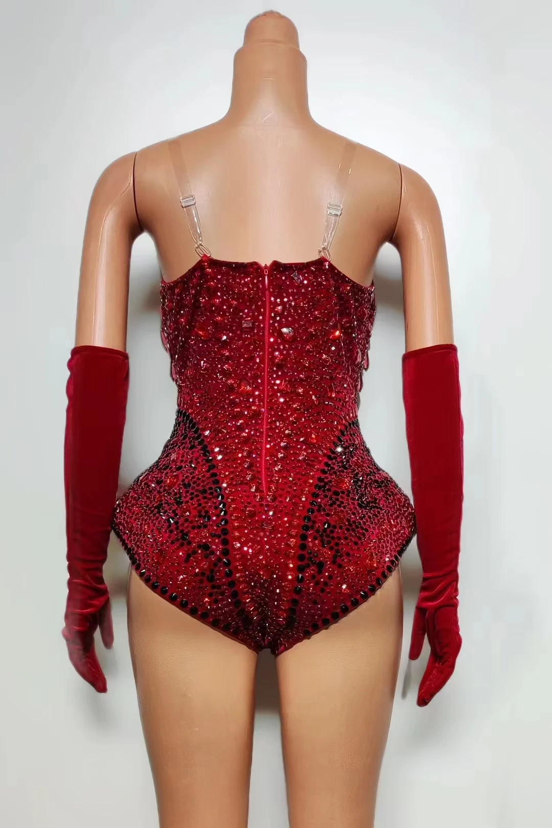 uxury Shining Red Ctystals Women DanceJumpsuit Sexy Show Party Club Bodysuit WithGloves Drag Queen Sing Stage Performance A656