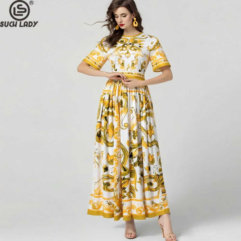 

Women's Dress O Neck Short Sleeves Vintage Baroque Print Ruched Elegant Designer Vestidos