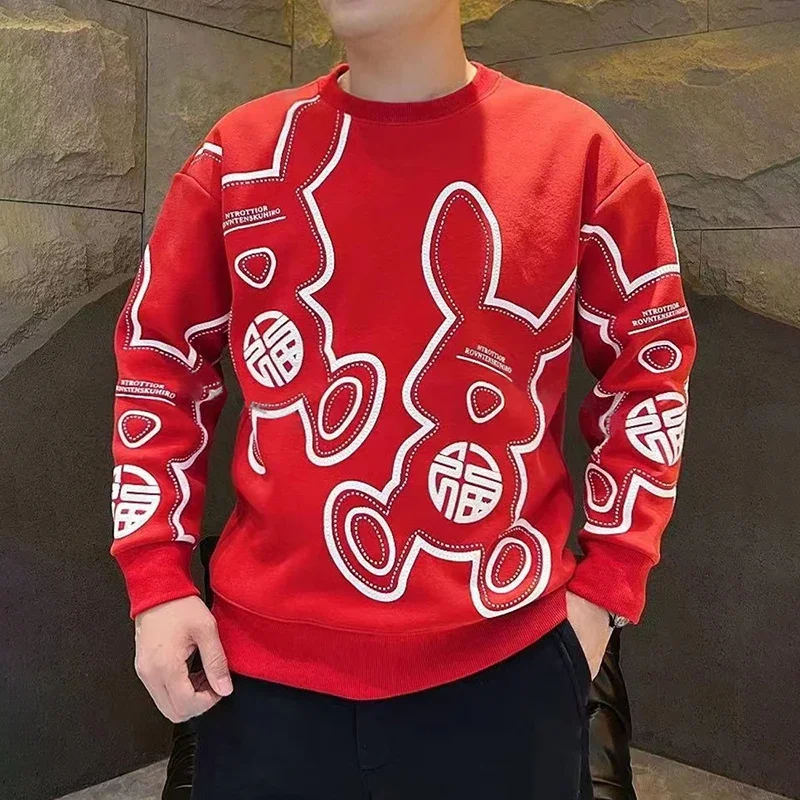 LIBIELIY Fashion O-Neck Loose Printed Cartoon Sweatshirts Men's Clothing 2025 Autumn Winter Oversized All-match Tops Casual Swea