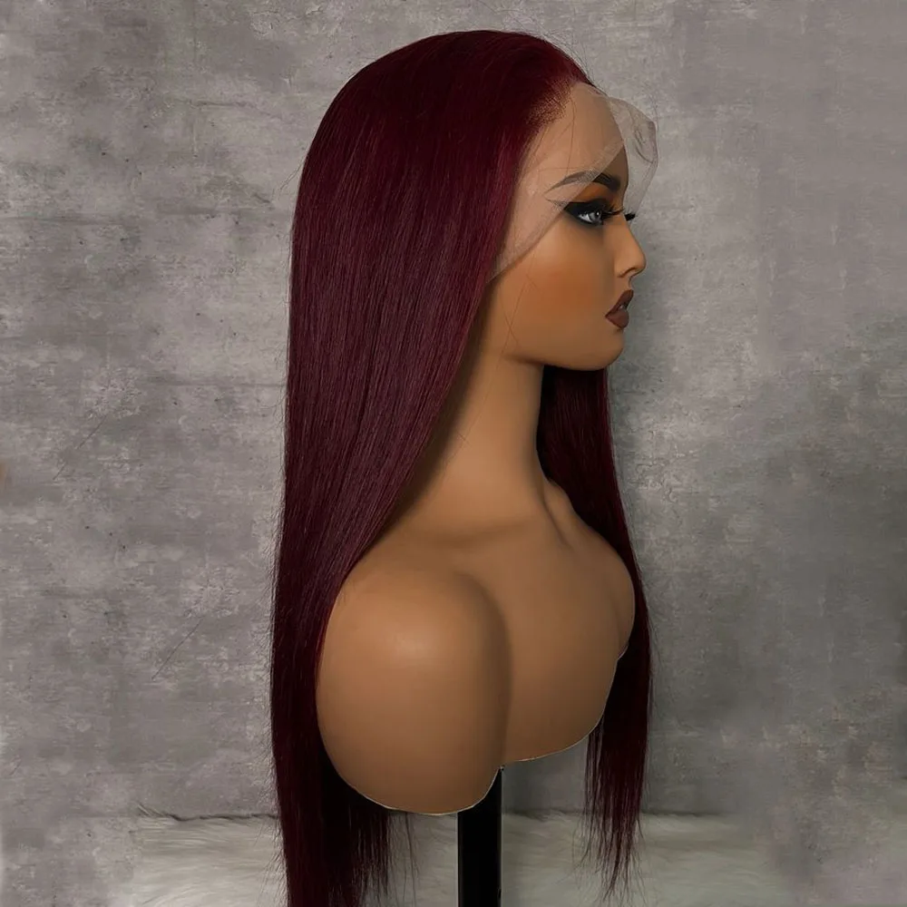 99j 26 Polegada borgonha 180 densidade sintética 13*4*1 peruca dianteira do laço de seda reta longa para mulheres babyhair pré-selecionado sem cola
