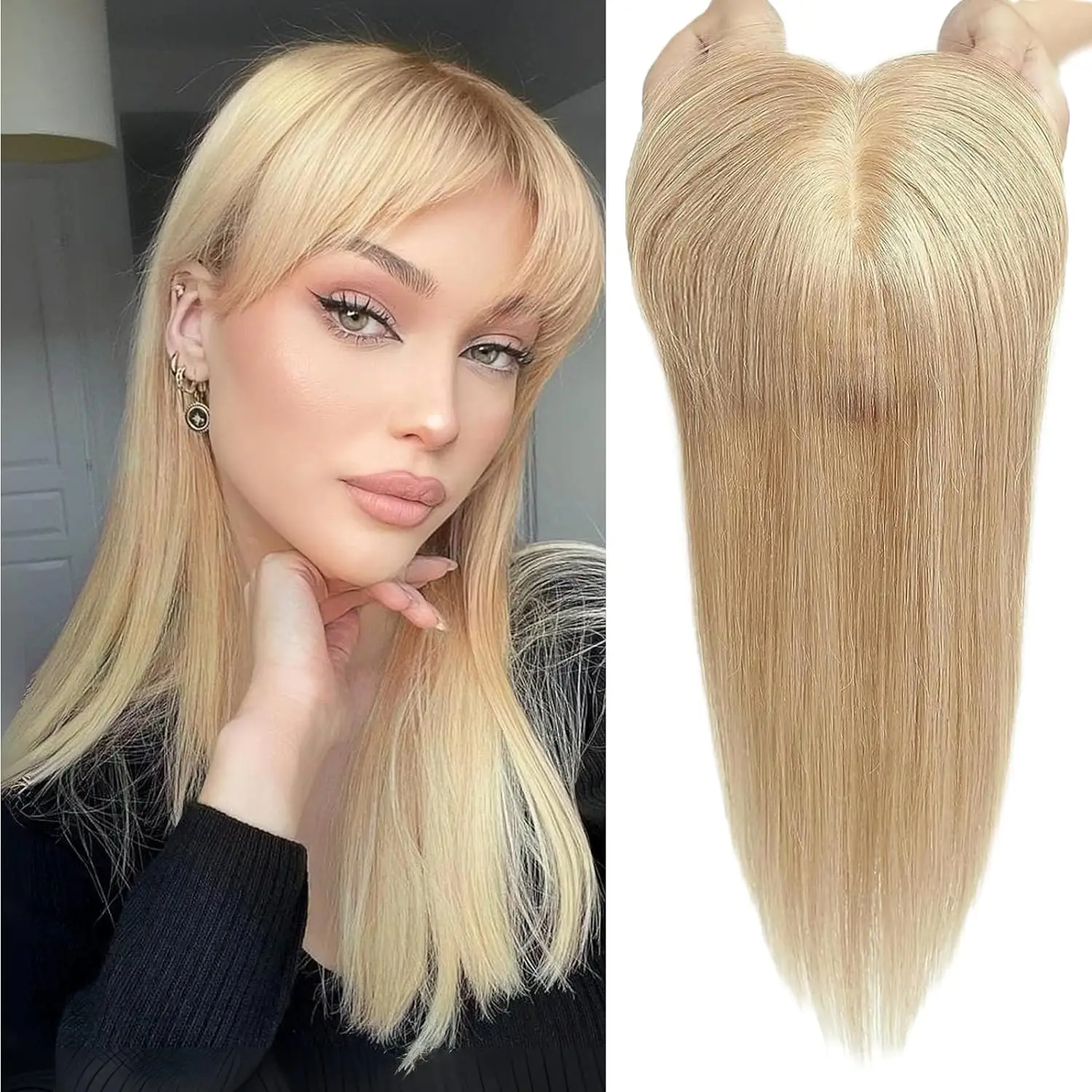 100% Remy Human Hair Toppers for Women Straight Brown Ombre 10inch Human Hair Topper with Bangs Silk Base Clip in Hair Extension image 3