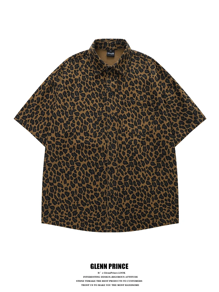 

GPstudio American Retro Leopard Print Short Sleeve Men's Casual Shirt Summer New Loose Fit Comfortable Cotton Corduroy Shirt