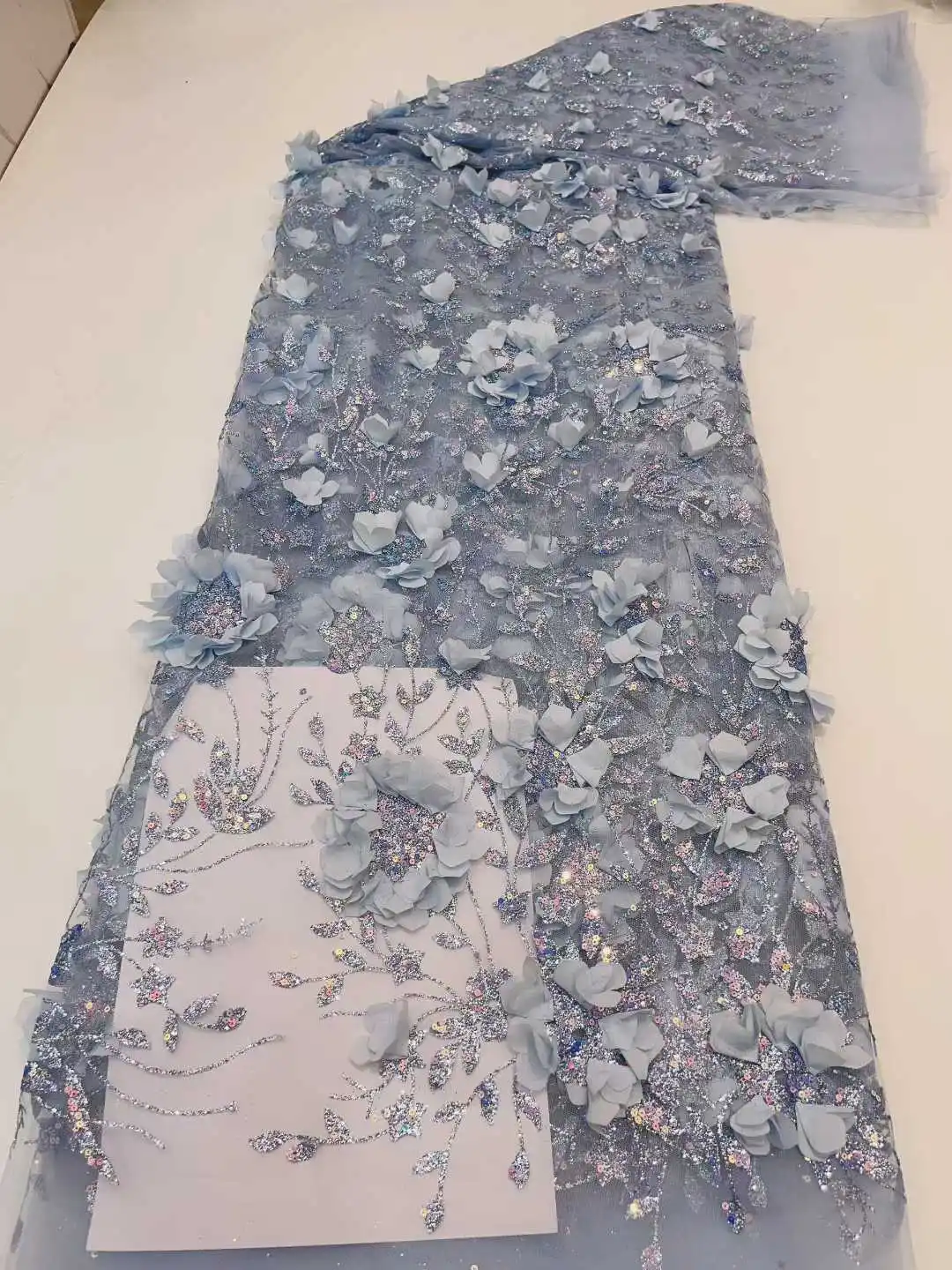 アフリカビーズレース生地 レース生地 ビーズ 3Dフラワー チュール ウェディングドレス 刺繍 縫製用 5ヤード-HaiX