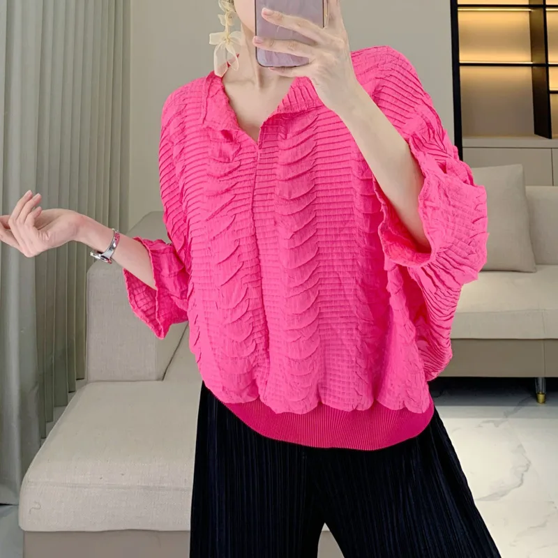 مياكي بلون فضفاض مطوي تي شيرت المرأة نصف الياقة المفتوحة كم باتوينغ قمة 2025 موضة الصيف عادية كم قصير