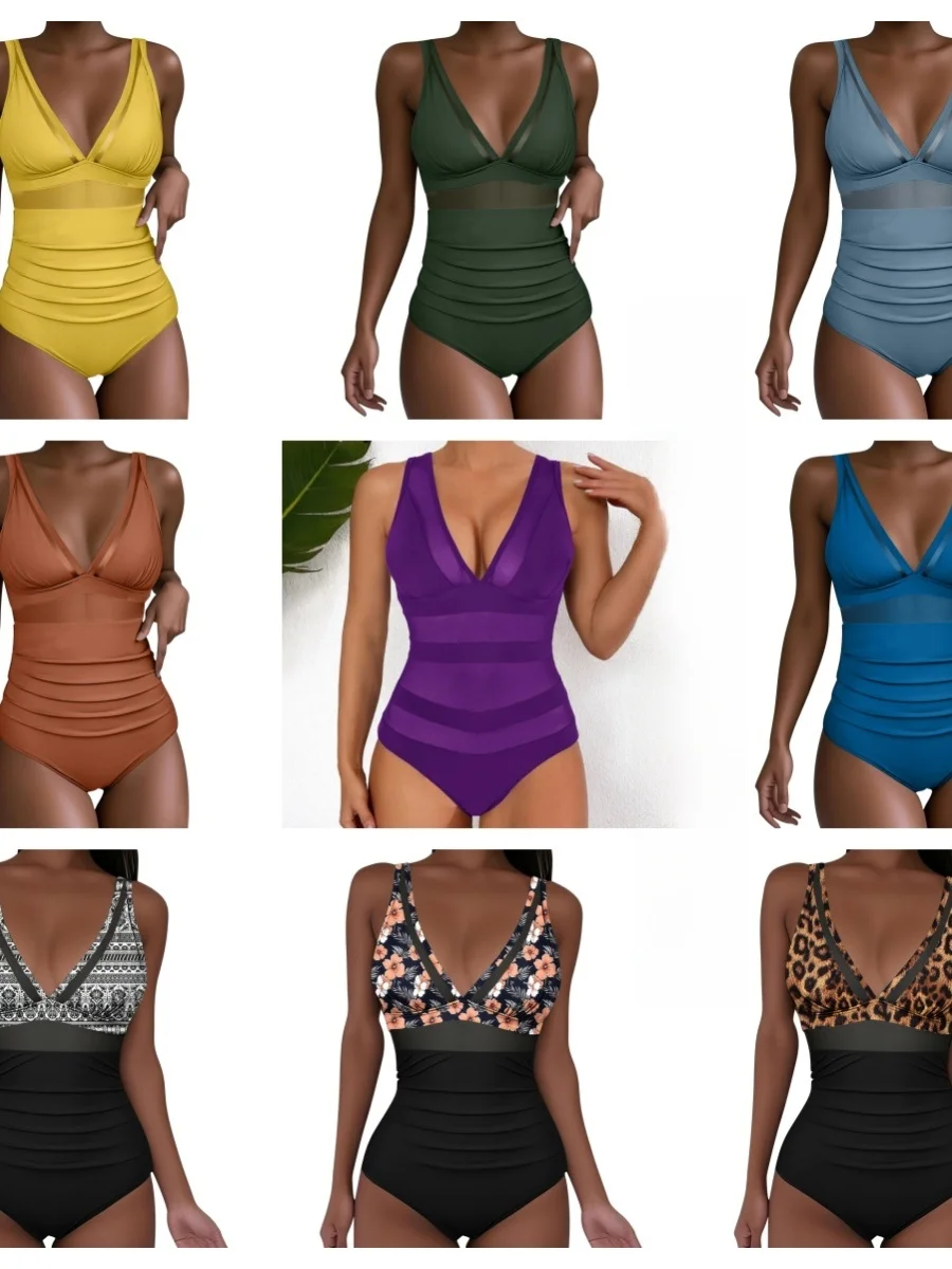 

Sexy Sporty One-Piece Swimsuit Women's Deep VU Back Mesh Casual Style Triangular Design Fixed Chest Pad No Sleeve Pure Color