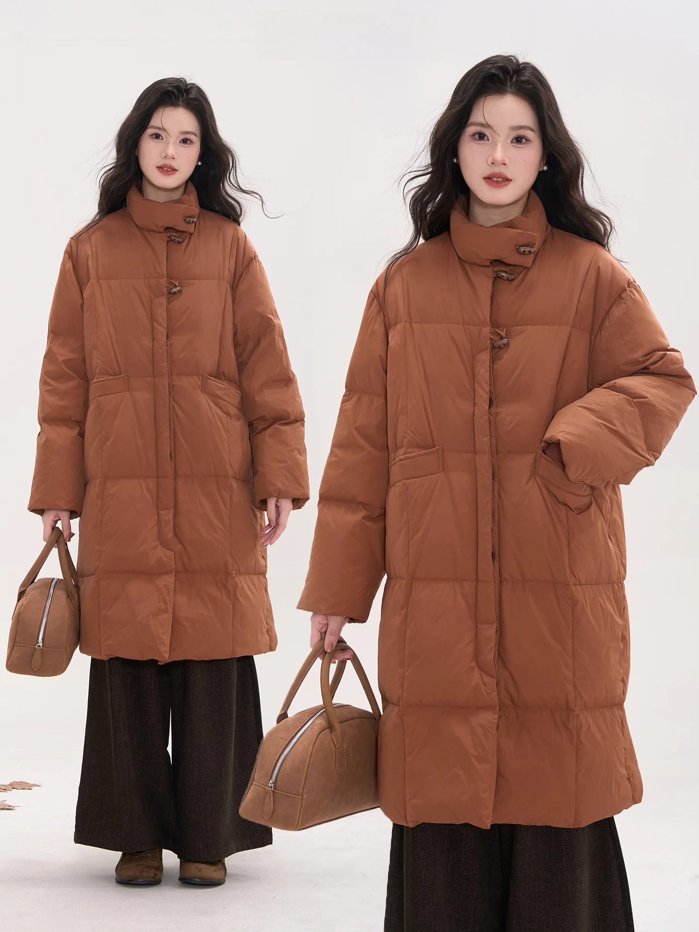 

Утепленное пальто средней длины с воротником-стойкой и пуговицами из дерева, женское, зимнее, повседневное, свободного кроя, теплое, однотонное, из полиэстера