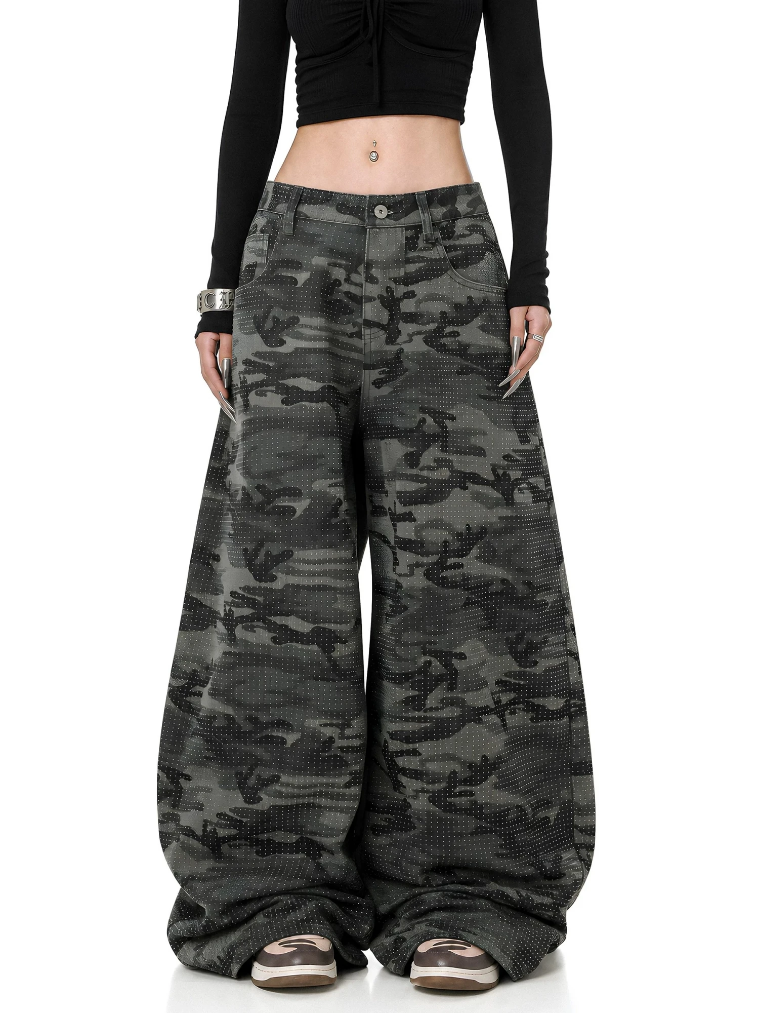 American Retro Camouflage Wide Leg Denim Jeans Men Women Multi Pocket Workwear Loose Casual Match All Street Micro Flare