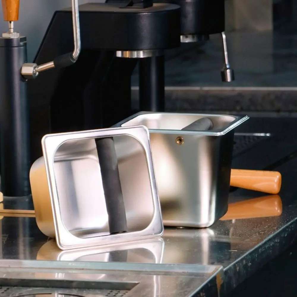 Compact Stainless Steel Coffee Knock Box Wood Base Non Slip Espresso Waste Bin For Home Kitchen Coffee Making Tool