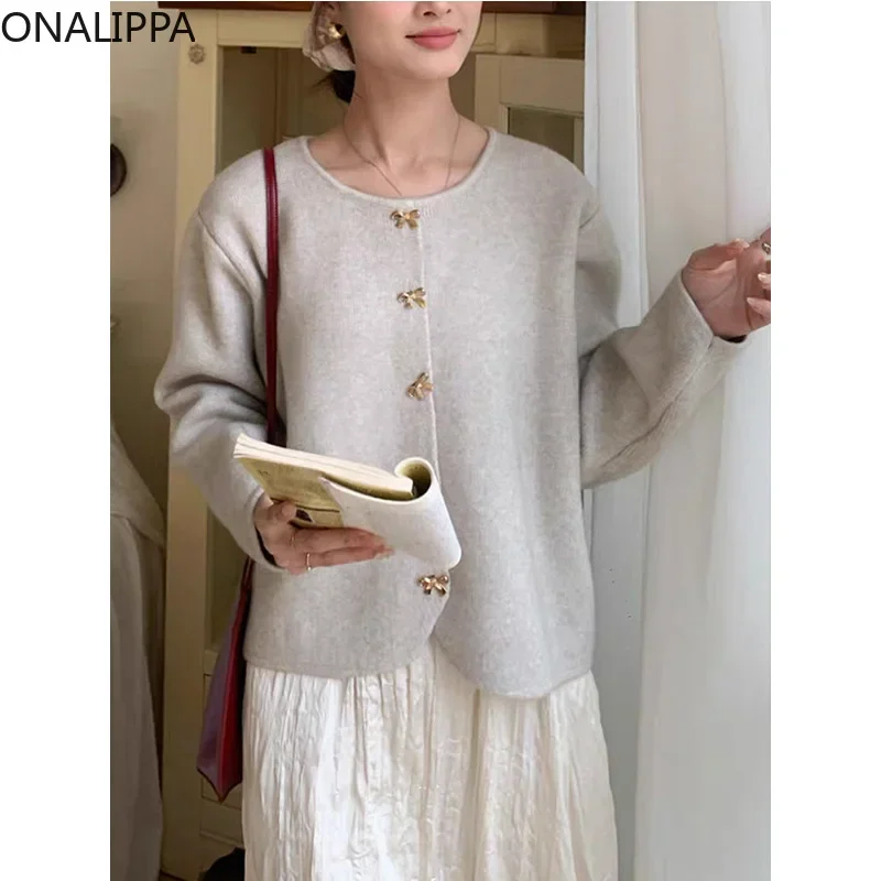 Onalippa Small Fragrance Solid Knitted Cardigan Bows Buttons Single Breasted Loose Cardigans French Style Sweet Sweater Women