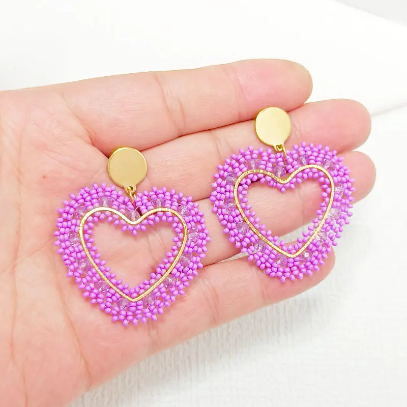 

Beaded earrings Heart-shaped Originality Crystal Purple. Hand knitting Bohemia Alloy Tide Simple Rice bead earrings