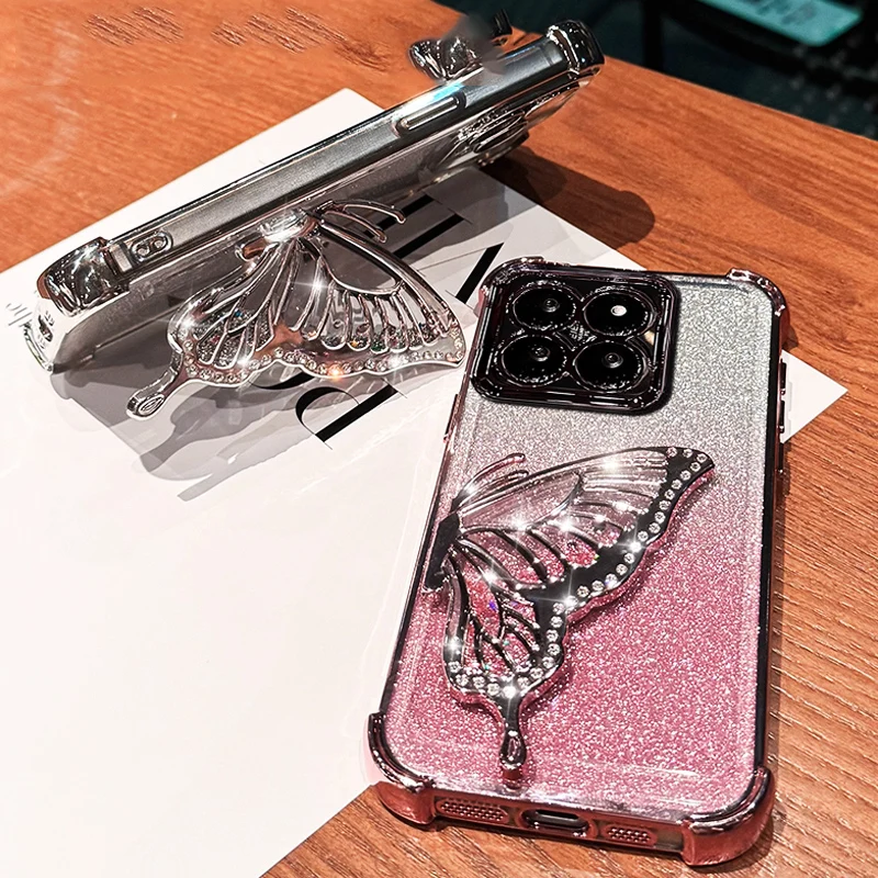 Shockproof Plating Glitter Butterfly Bracket Bracelet Case for iPhone 17 Air 16 15 14 13 12 11 17 Pro Max 16 Plus 16E Soft Cover