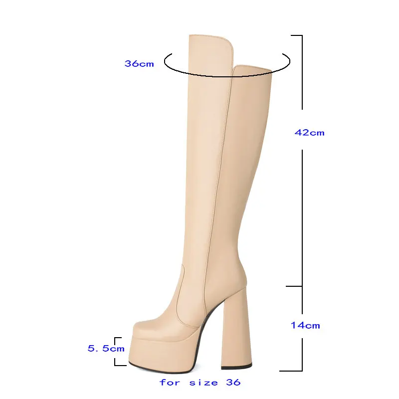 2024 Women Knee High Boots Platform Square High Heel Ladies Calf Boots PU Leather Round Toe Side Zipper Party Women\'s Shoes