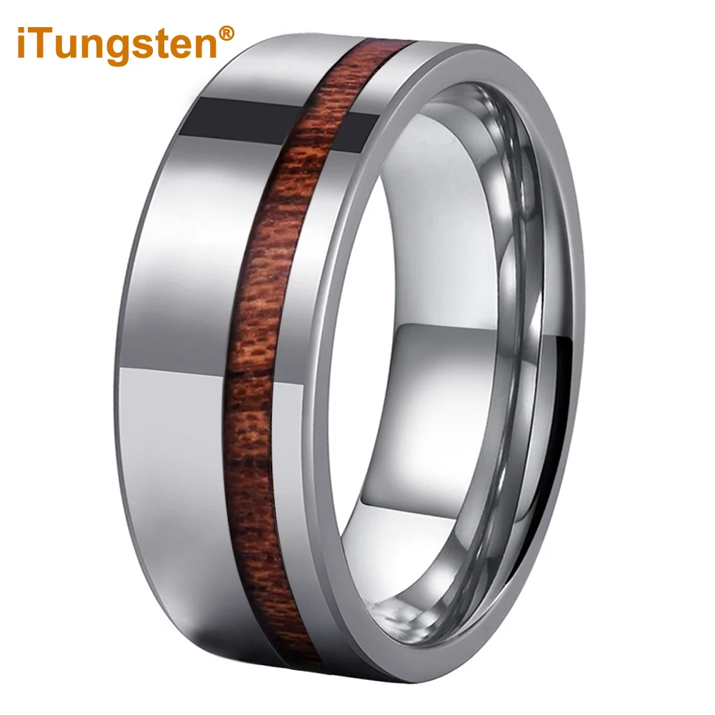男性と女性のためのitundix超硬リング、クラシックフラットウェディングバンド、本物の木製インレイ、快適フィット、8mm