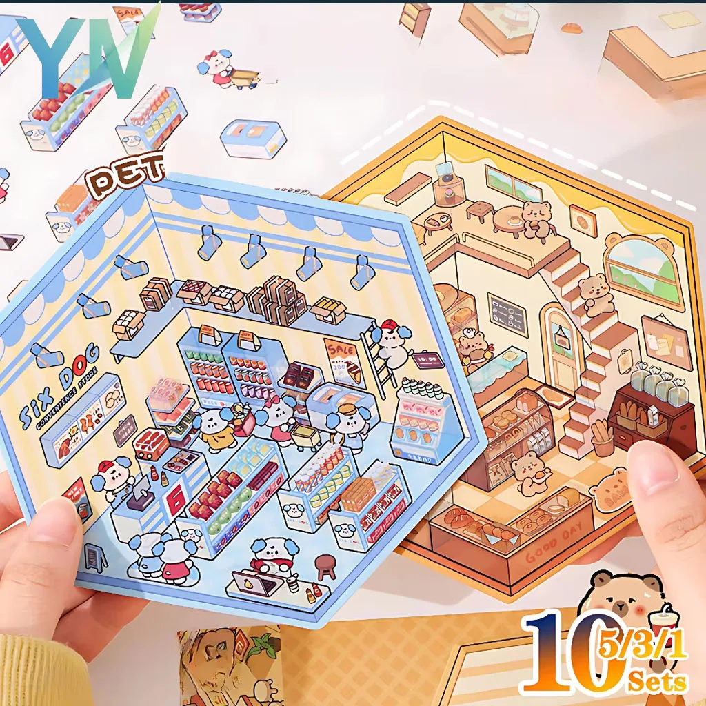 

1-10Sets 3D Sticker Set Cartoon Diorama for Journal Scrapbooking Red Xiaohongshu DIY Craft ASMR Relaxation Miniature House Scene