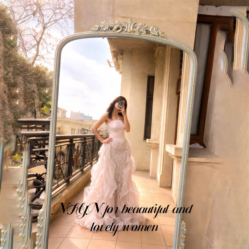 

NFYN Blush Pink Party Dresses Strapless Sleeveless Evening Dresses with Crystal فساتين السهرة for Wedding Mermaid Customized