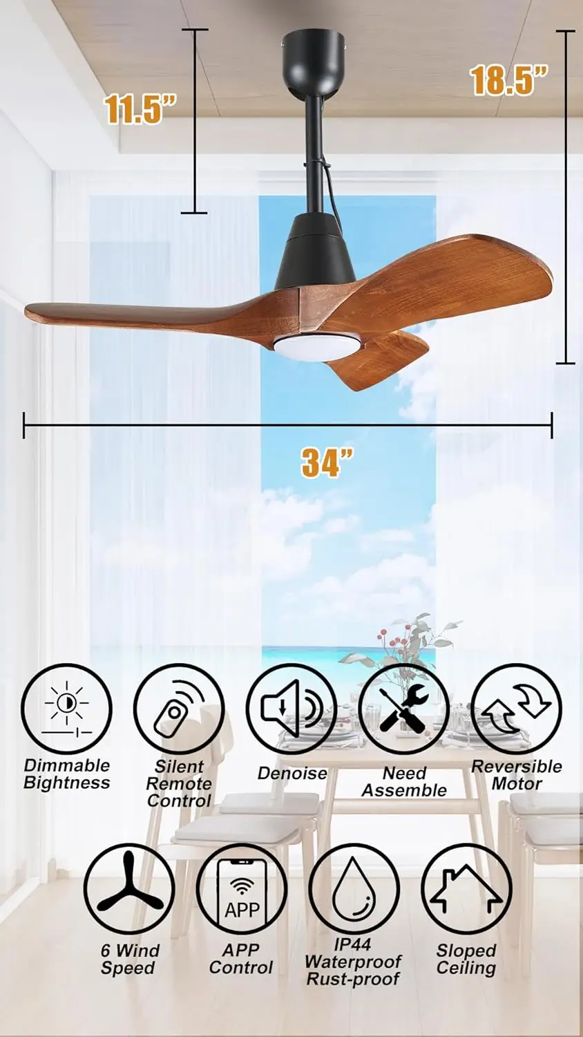 3 Blades Wood Outdoor Ceiling Fan With Light For Patios, Farmhouse Rustic Ceiling Fans With Lights, 34