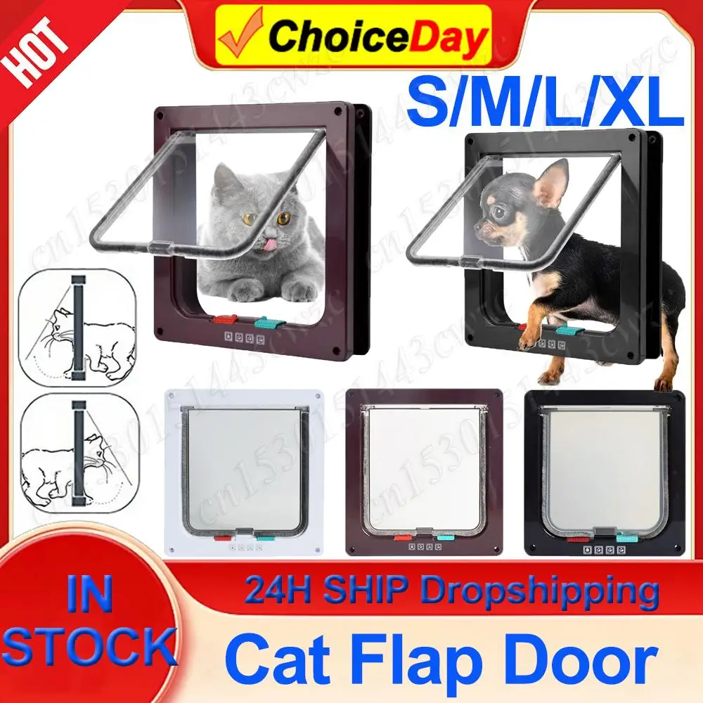 Cat Flap Door with 4 Way Security Lock Puppy Kitten Safety In&out Pet Door ABS Plastic Small Pet Gate Pet Doors and Sliding Door