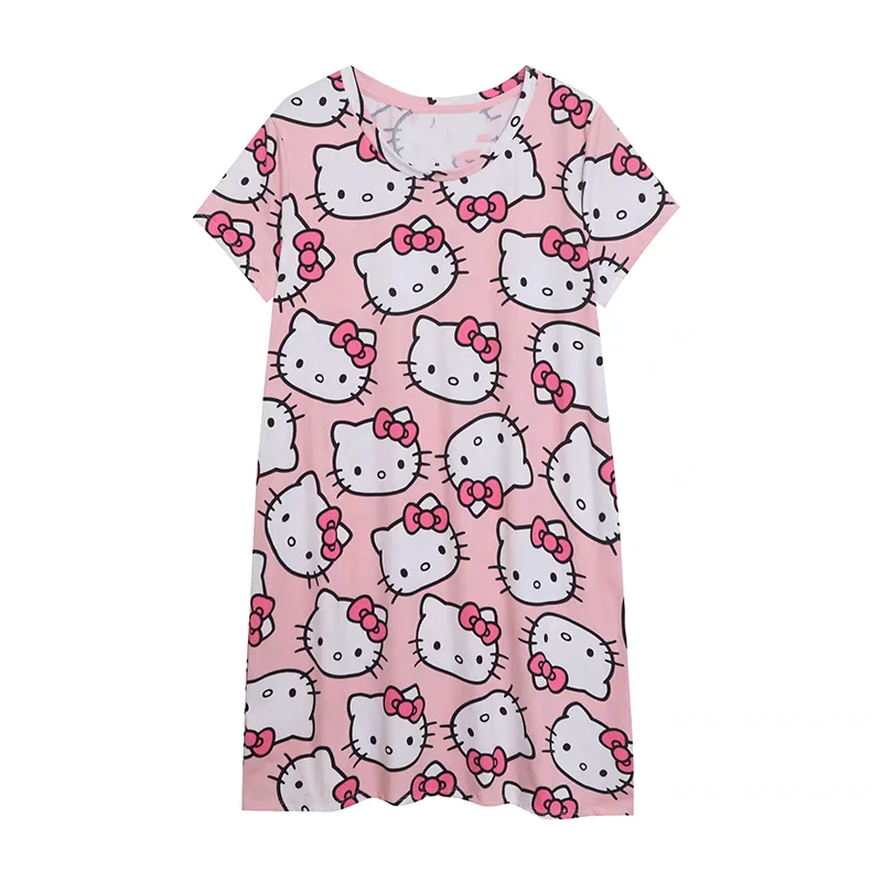 2025 roze MINISO hello kitty vrouwen t-shirt Jurk Losse Casual Gedrukt O-hals dame korte mouw Trui Jurken Vrouwen Kleding