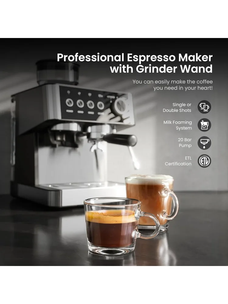 Espresso Machines with Grinder, 20 Bar Professional Espresso Maker with Removable Water Tank,Milk Frother Steam Wand