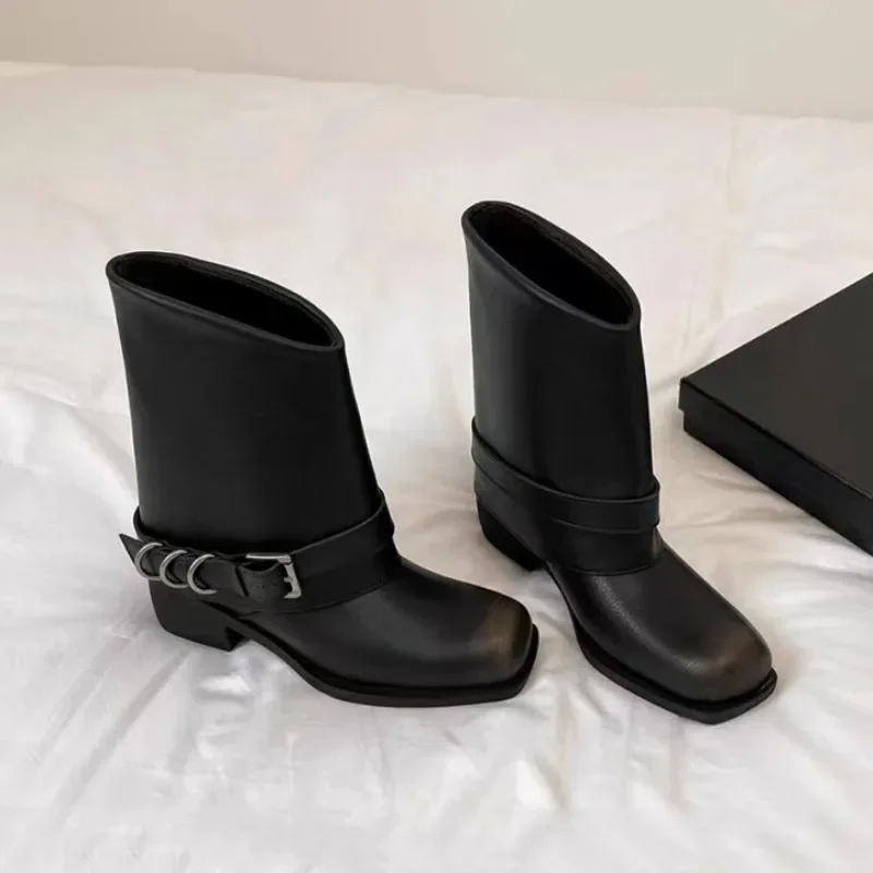 Kobiety Designerskie Buty za kostkę Sexy Fashion Square Toe Heels Shoes 2024 Autumn Chelsea Boots Luxury Leather Goth Snow Botas Mujer