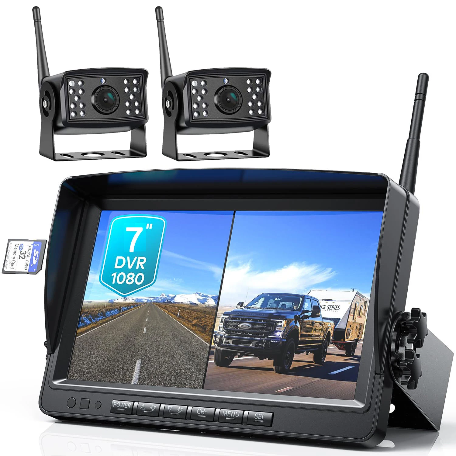 1080P Wireless Backup Camera IP68 Waterproof 7 Inch Dual Split Screen With Parking Lines SD Card Recording For Truck RV