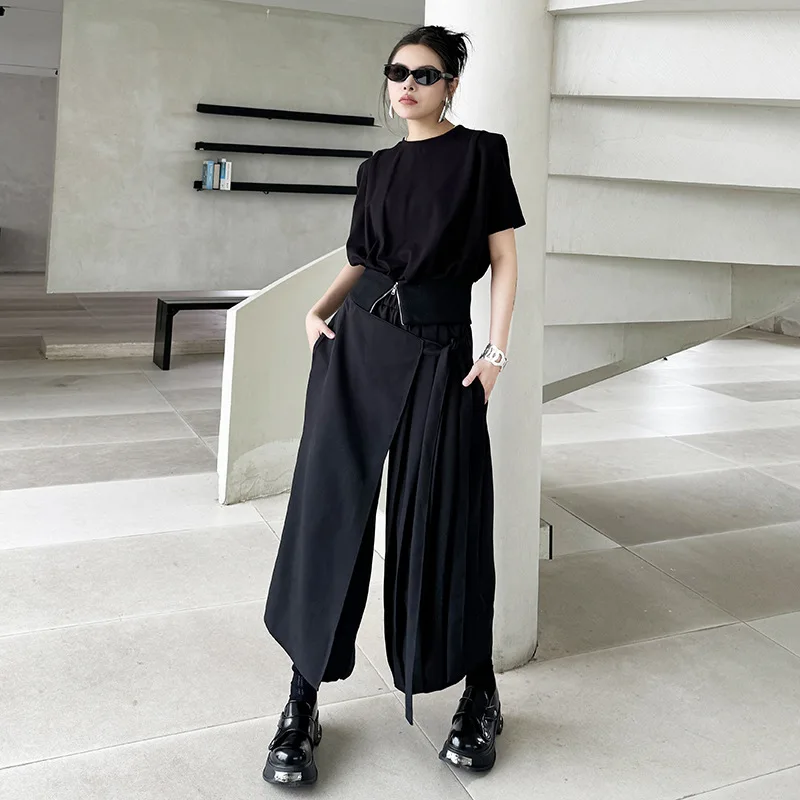 Tannt Women Pant Asymmetry Patchwork Fake Two Wide Leg Pants Irregular Bandages Black Casual Ankle-Length Pants 2024 New