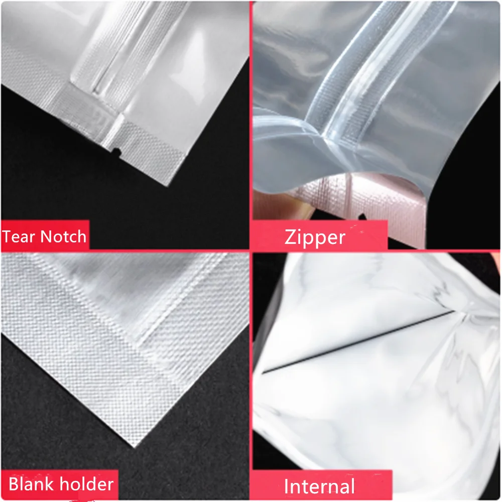 100pcs Silvery White Standing Up Pure Aluminum Foil Ziplock Bags / Stand Purely-foil Plastic Pouches Steak Cooked Food Packaging