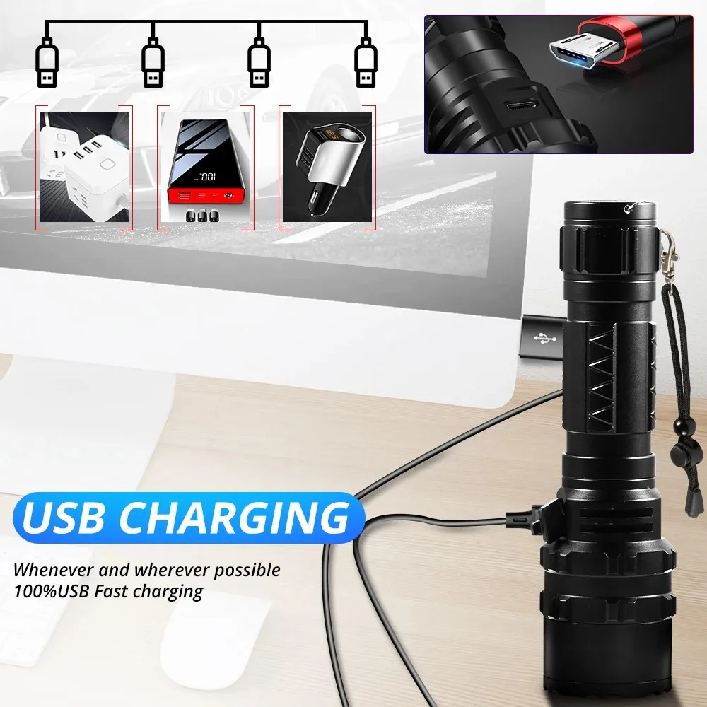 USB De Alta Potência Lanterna LED Recarregável, Lanterna De 5 Modos, Tocha De Autodefesa, Lâmpada Tática, Luz De Bateria 18650, F2 LED