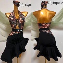 New Latin Dance Clothes Women Hanging Neck Bodysuit Black Skirt Rumba Dress Tango Dance Practice Performance Clothing DNV19733