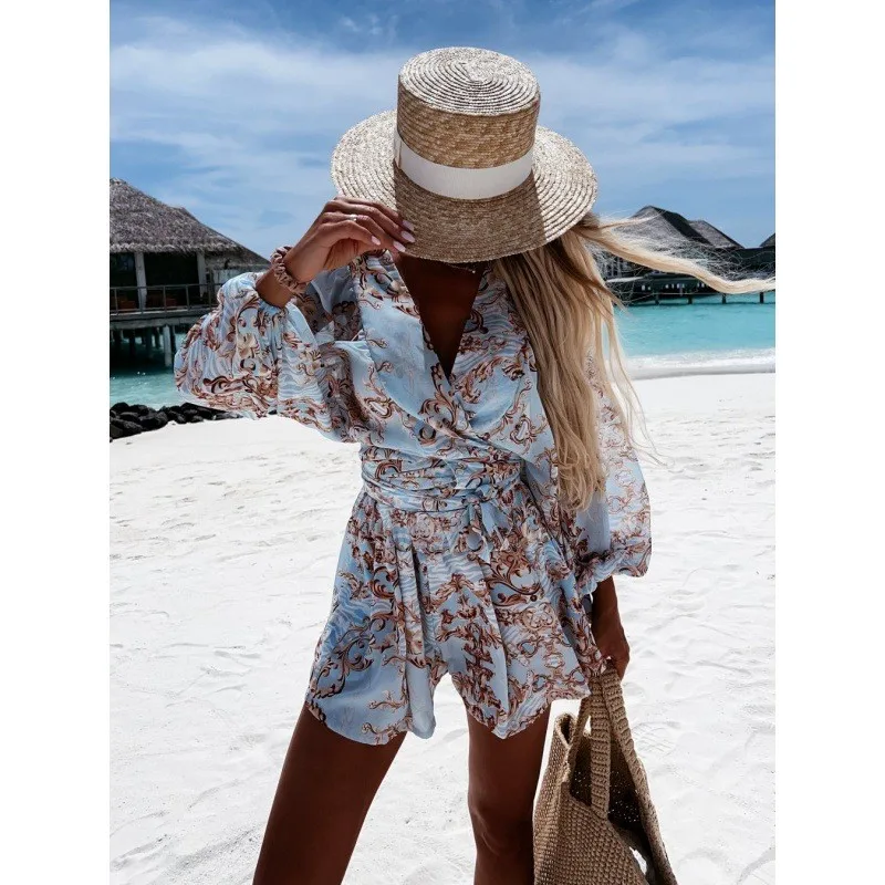 Sexy Women's Summer Dress Beach Dresses Flower Print Lantern Long Sleeve Casual Playsuit Jumpsuit Streetwear Bohemian Ladies 